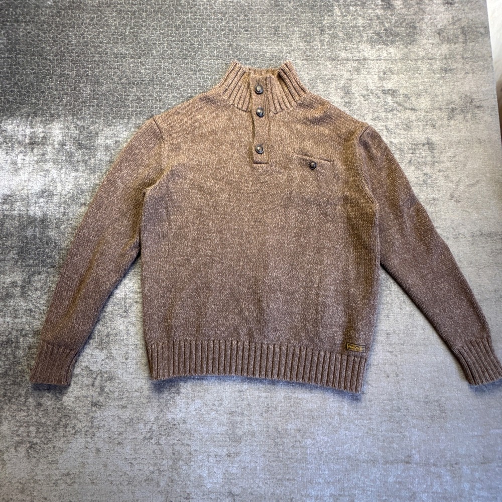Polo Ralph Lauren Sweater Mens Medium Brown Marled Cotton Mock Neck 1/4 Button